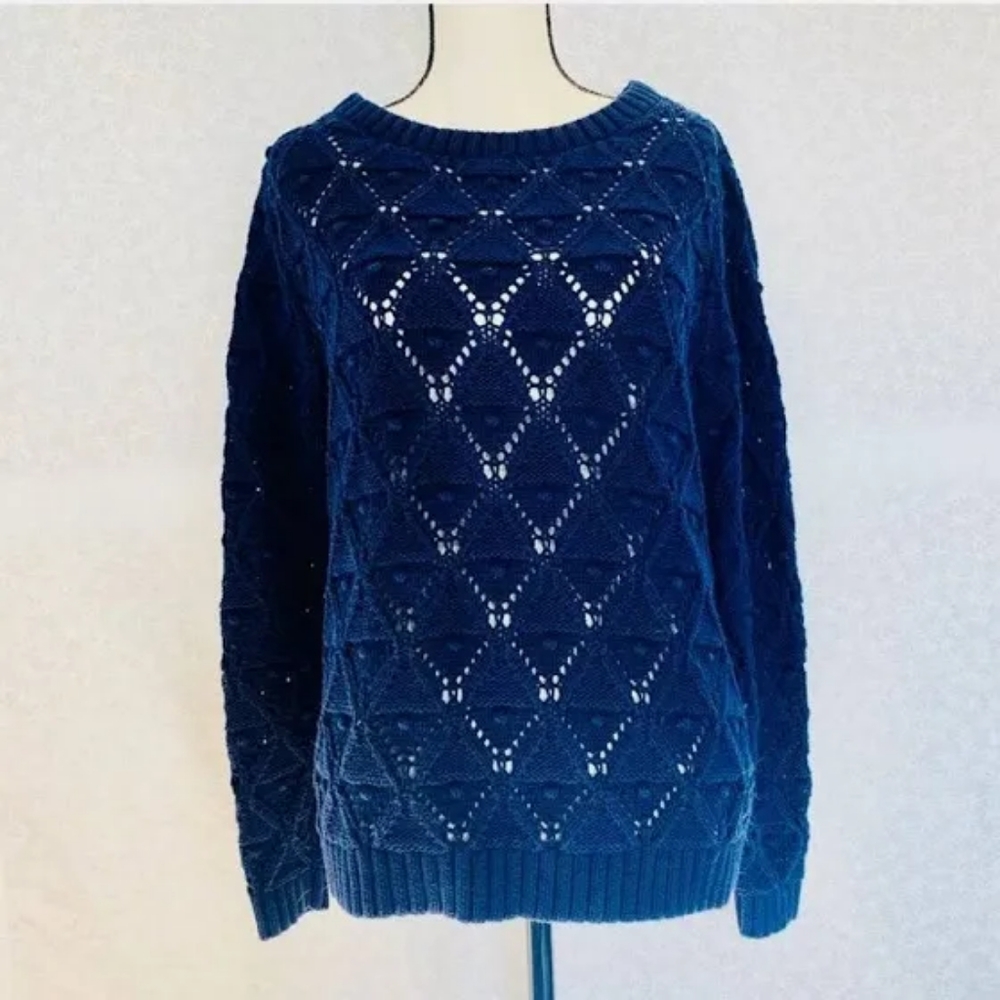 Tommy Hilfiger Womens Open Knit Diamond Pom Pom Sweater 100% Cotton